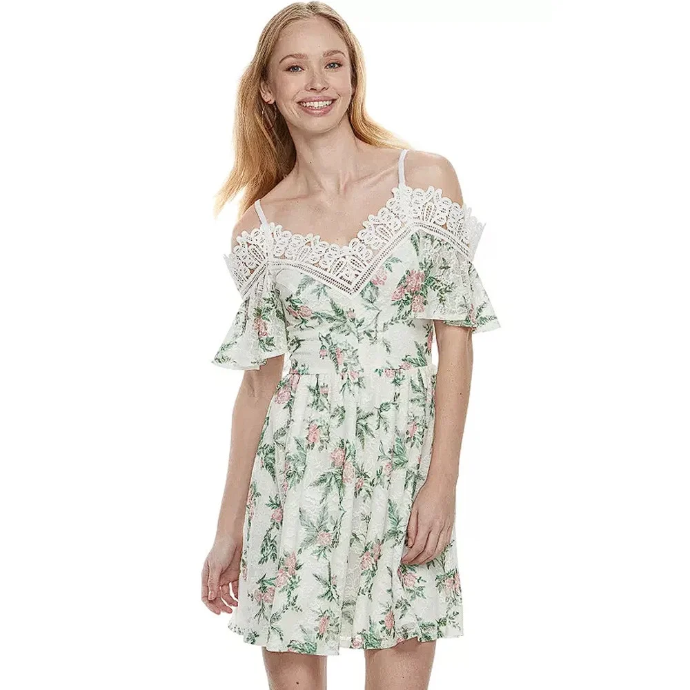Disney Princess Green Floral Lace Cold Shoulder Mini Dress Girls‎ Size Large